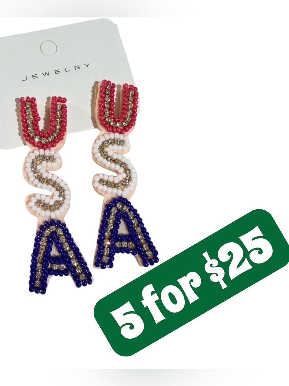 *5 ITEMS FOR $25* USA Dangle Rhinestone/Glass Beaded Earrings